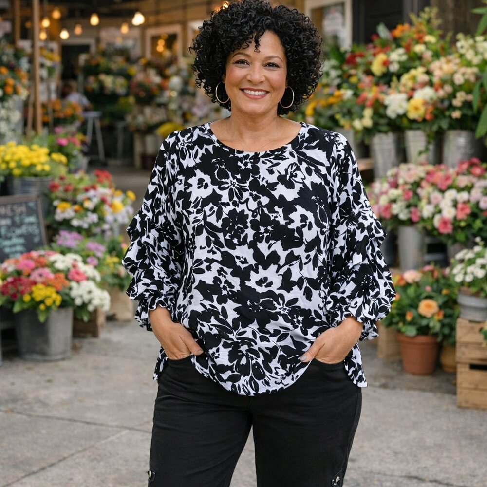 Slim Factor Investments Womens Large Black White Floral Tiered Puff Sleeve NWT